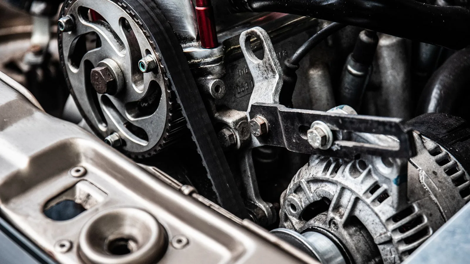 Uma correia de transmissão sobre as polias de um motor de carro.