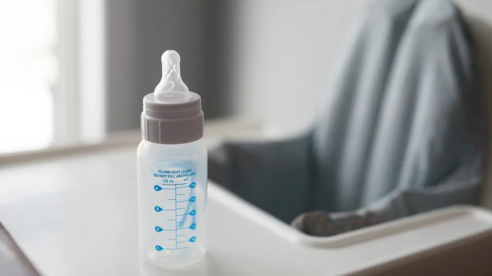 A graduated baby feeding bottle standing on a table.