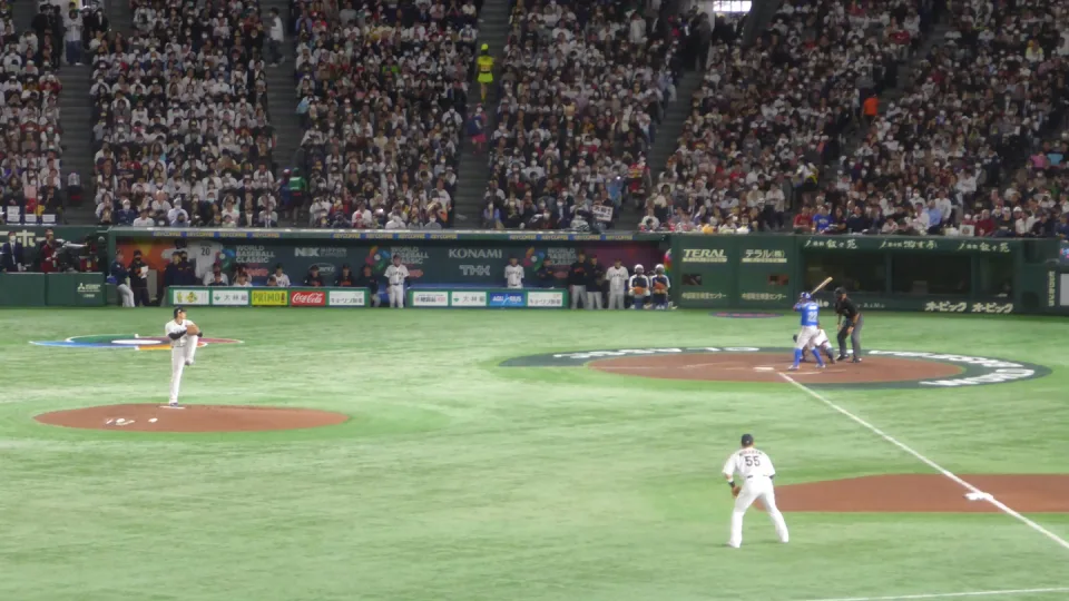 A baseball game in progress seen from the stands, with a full crowd behind.