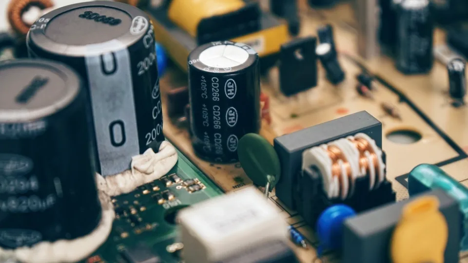 Close-up of capacitors and components soldered on a circuit board.